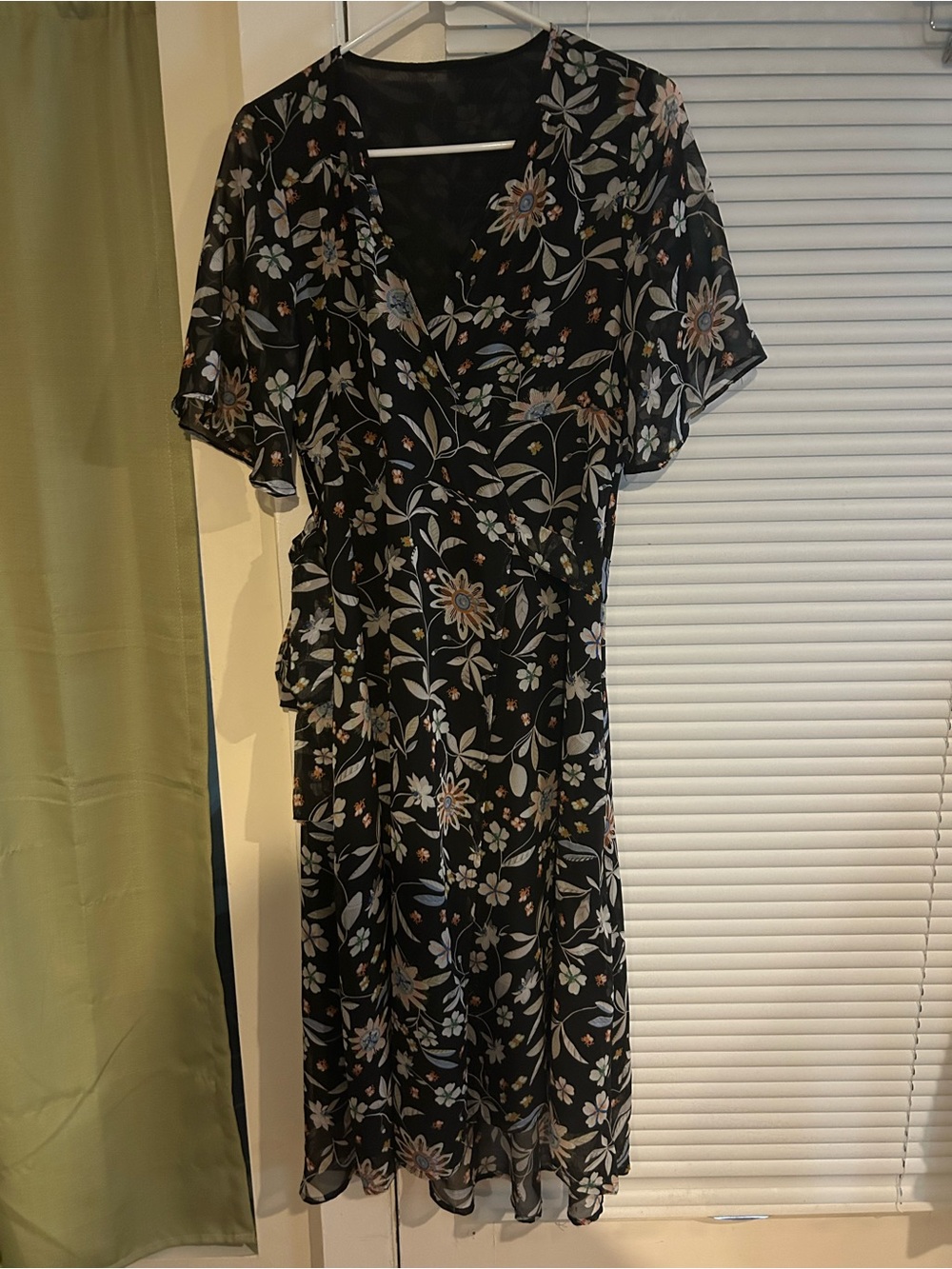 Floral Black Wrap Midi Dress - Black Floral